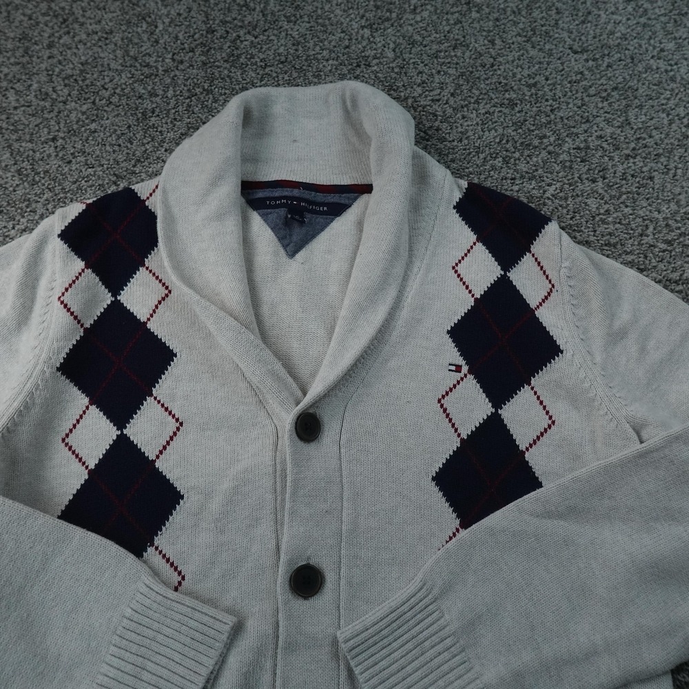Tommy Hilfiger Sweater Mens L Gray Argyle Button Cardigan Shawl Collar Knit Cozy